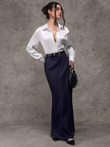 Avenya Women's Solid Color Elegant Decorative Button Maxi A-Line Skirt