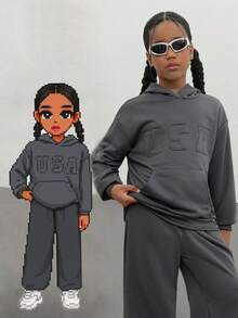 Girls Teen Casual Solid Color Sweatshirt With Embroidered English Word Set - Dark Grey - View 11