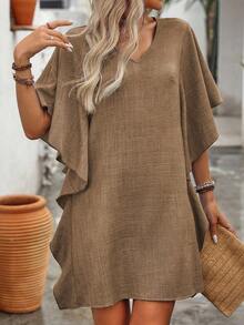 EMERY ROSE Women's Solid Color V-Neck Ruffle Sleeve Loose Straight Casual Dress - Khaki - View 3