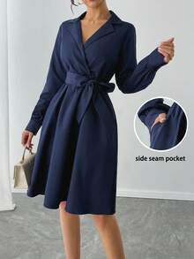 SHEIN Tall 女士优雅纯色通勤衬衫裙 - 藍色 - 查看 1