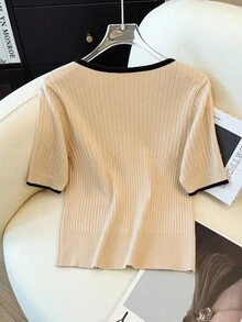 SHEIN LUNE 法式夏季優雅女款辦公針織上衣，奶油色與黑色圓領對比色邊羅紋編織中袖修身商務休閒襯衫 - 卡其色 - 查看 4
