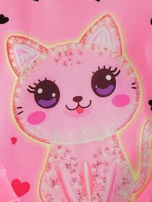 2 pièces Ensemble de pyjama ajusté avec imprimé chat mignon et cœur qui brille dans le noir, haut à manches longues et pantalon - Rose bonbon - Voir 6