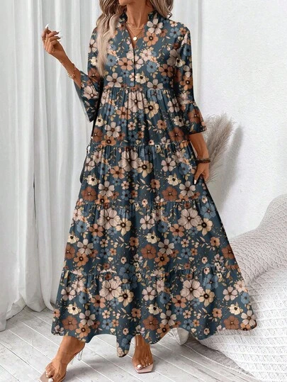 SHEIN LUNE Vestido de manga larga con cuello en V, fruncido y con estampado floral retro casual, adecuado para el otoño