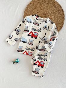 SHEIN Playful Pals 2件套幼儿男童圆领长袖针织汽车卡通图案毛绒面料睡衣套装 - 卡其色 - 查看 3