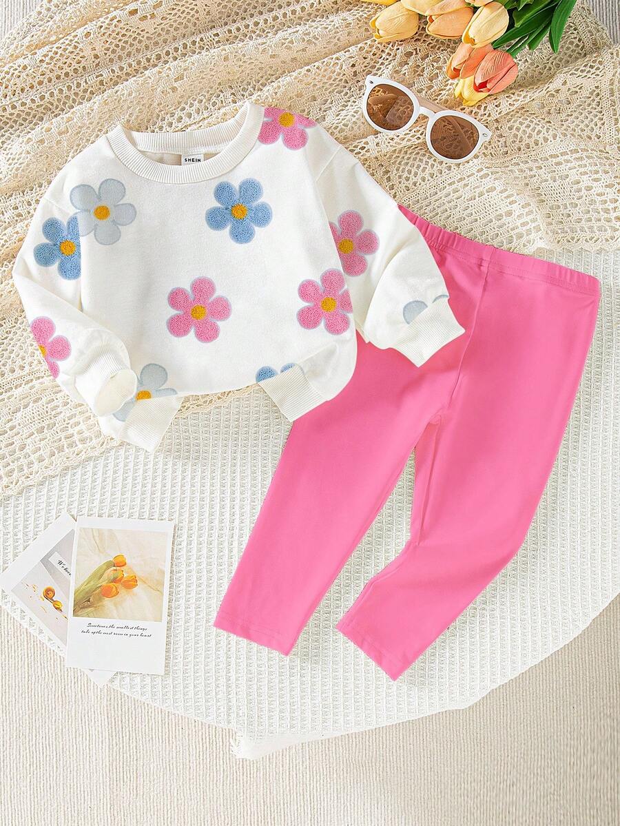 2 件套年轻女孩休闲花卉印花白色圆领运动衫和粉色裤子套装，秋冬 - 彩色 - 查看 1
