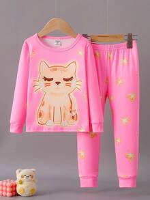 2 Piece Sets Snug Fit Night Wear Kids Young Girl' Navy Blue Minimalist Allover Heart, Star, Deer Print Long Sleeve Top And Leggings 2 Pieces Pajama Set,Snug Fit Fall Winter .This Product Requires UV Light Exposure To Glow. - Pink - View 3