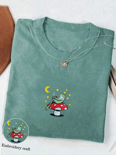 Camiseta de manga corta holgada y casual con cuello redondo, bordado de rana y seta para mujer
