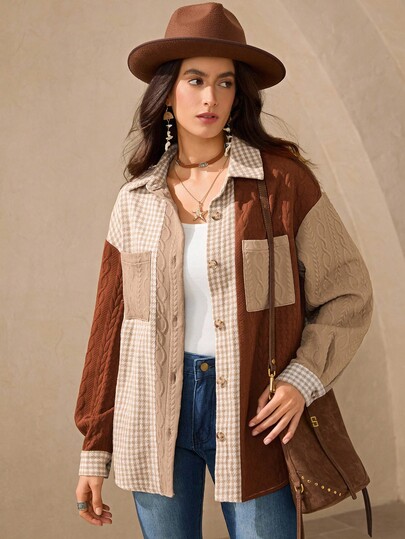 Wildy Blusas marrones de estilo campestre otoñal para mujeres, chaquetas elegantes, camisas de botones de manga larga con textura y bolsillos de contraste, versátiles y de moda, camisas occidentales con botones para mujeres, prendas occidentales para mujeres en otoño