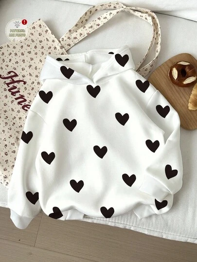 SHEIN Happikins 女童休闲简约甜美可爱波点爱心图案宽松圆领舒适日常针织长袖卫衣，适合秋冬季女童穿着，包括冬季女童服装、秋季女童服装、秋季女童穿搭、女童服装、冬季女童服装、卫衣、女童服装、冬季服装。