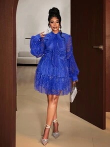 Maweii Plus Size Women Elegant Vintage Party Mini Dress, Lantern Sleeve, Metallic Foil Mesh, Bodycon - Blue - View 3