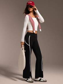 Hanevo Women's Black Casual Sports Yoga Line Slim-Fit Slit Hem Flare Leggings - Black - View 5