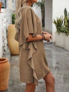 EMERY ROSE Women's Solid Color V-Neck Ruffle Sleeve Loose Straight Casual Dress - Khaki - View 4