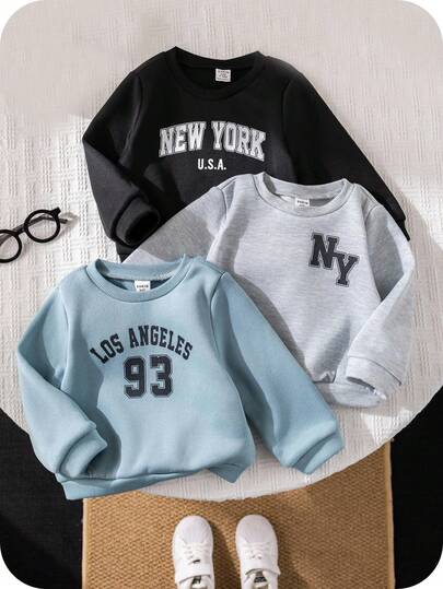 SHEIN 3pcs/Set Baby Boys/Girls Cute All-Match Knitted Letter Print Long Sleeve Sweatshirts, Versatile Autumn/Winters Baby Boy Crew Neck Sweatshirt Fall