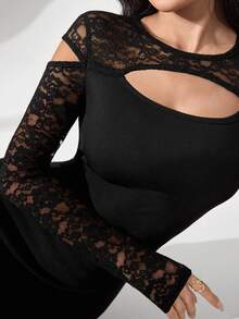 Modelyn 女士蕾丝镂空黑色长袖连衣裙 - 黑色 - 查看 7