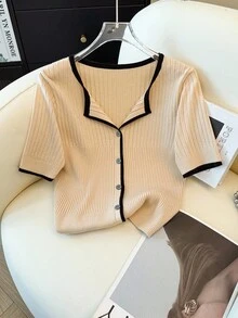 SHEIN LUNE 法式夏季優雅女款辦公針織上衣，奶油色與黑色圓領對比色邊羅紋編織中袖修身商務休閒襯衫 - 卡其色 - 查看 6