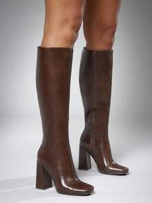 SHUZIA 女士时尚舒适及膝侧拉链粗跟靴 - 棕色 - 查看 2