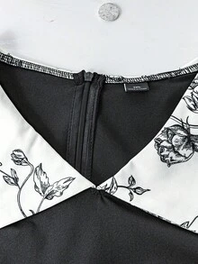 SHEIN LUNE CURVE 女式加大码花卉印花拼布长袖衬衫 - 黑色 - 查看 4