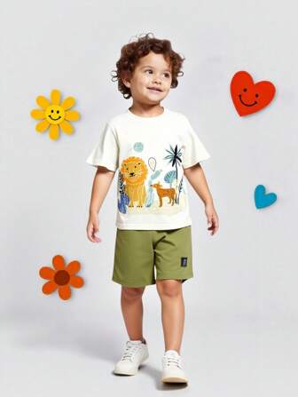 GraphicGems 男童休闲简约图案修身工装裤和T恤套装，适合夏季