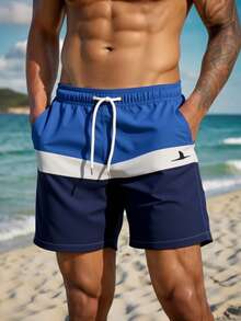 Manfinity Swimmode Men's Contrast Color Drawstring Waist Pocket Casual Beach Shorts - Blue - View 1