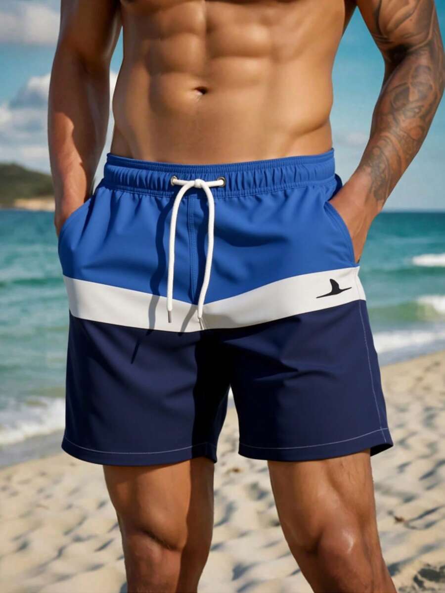 Manfinity Swimmode Men's Contrast Color Drawstring Waist Pocket Casual Beach Shorts - Blue - View 1