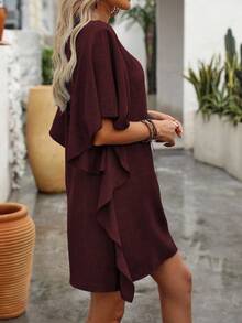 EMERY ROSE Women's Solid Color V-Neck Ruffle Sleeve Loose Straight Casual Dress - Burgundy - View 3