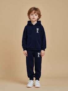 2pcs/Set Young Boys Navy Blue Hooded Sweatshirt And Knit Pants, Casual Sports Running Street Suit, Suitable For Autumn/Winter, Basic Outfit For Young Boys Boys Navy Blue Tracksuit Set Boys Casual Outfit Set Boys Two Piece Hoodie And Pants Set Toddler Boy Clothes Set Boys Autumn Winter Set Fall - Royal Blue - View 2