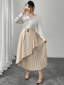 Modelyn Plus Size Women Elastic Waist Ruffle Patchwork Plaid Pleated A-Line Skirt, Elegant & Versatile Fall Cloth For Women - Apricot - View 5