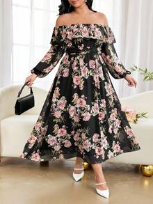 Modelyn Romantic Chiffon Floral Print Off Shoulder Long Sleeve A-Line Plus Size Dress, Spring/Autumn - Multicolor - View 4