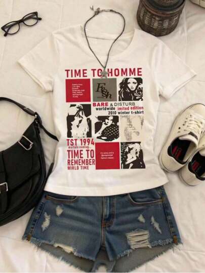 少女口号印花圆领短袖休闲T恤