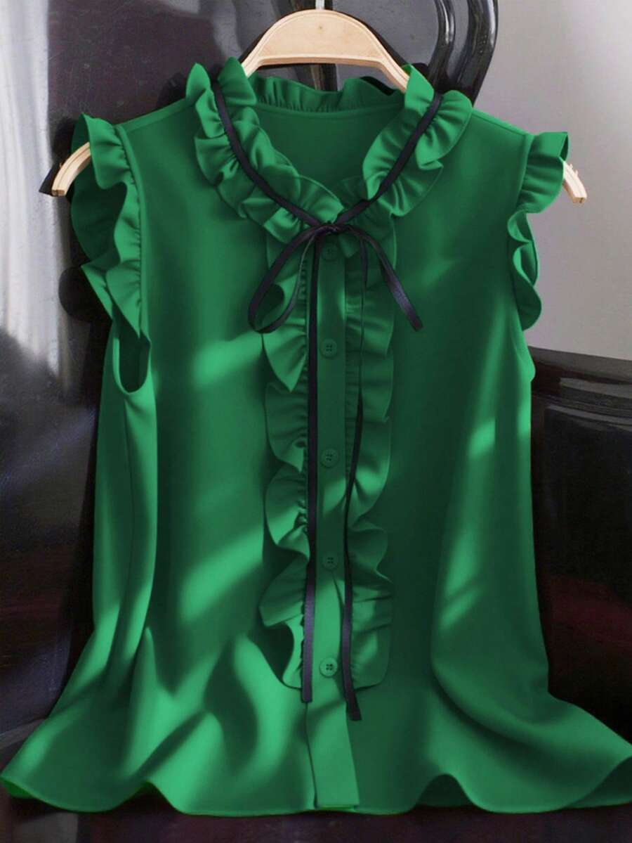 Franclia Ruffle Trim Sleeveless Casual Loose Shirt, Elegant Women Blouse, Red Top, Summer Wear - Green - View 1