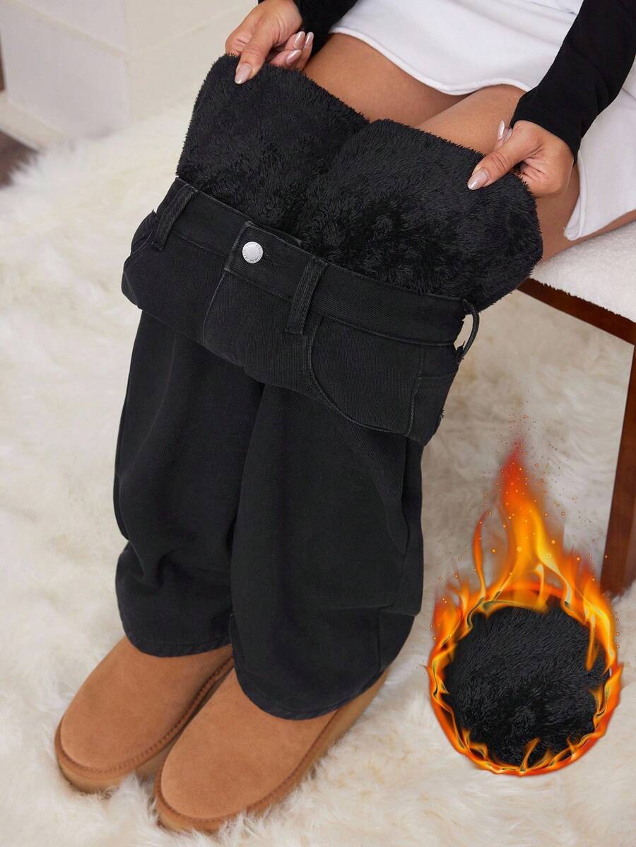 SHEIN PETITE 女士休闲日常简约通勤纯色宽松阔腿保暖牛仔裤，秋冬 - 黑色 - 查看 1