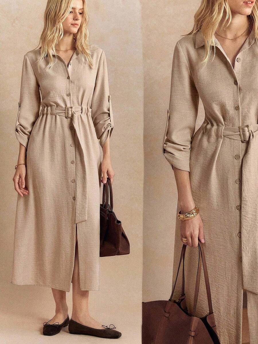 Écloséra فستان قميص كاجوال بدون إطالة مع أكمام مرفقة للنساء