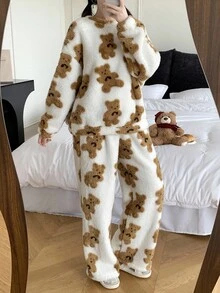 SHEIN 2pcs/Set Teen Girl Cute Bear Pattern Crew Neck Long Sleeve Top And Soft Fleece Pajama Pants, Comfortable Sleepwear Set For Autumn/Winter Fuzzy Pajamas Fluffy Pajamas Teen Girl Fluffy Matching Pjs Bear Clothes Teddy Bear Pajamas Fall Bear Print Pajamas Fluffy Pajama Pants - Mocha Brown - View 5