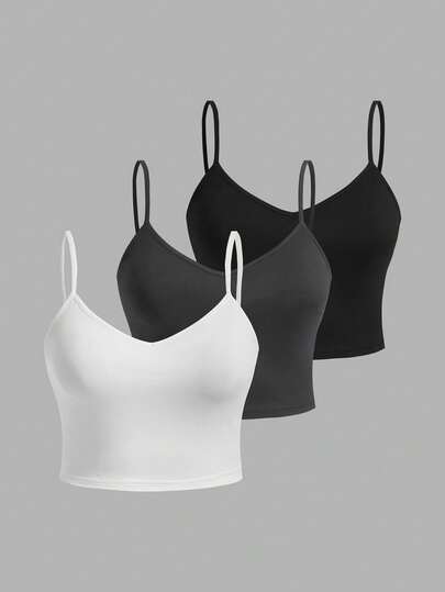 SHEIN EZwear 3 件套女士加大码简约纯色吊带背心，适合夏季