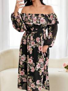 Modelyn Romantic Chiffon Floral Print Off Shoulder Long Sleeve A-Line Plus Size Dress, Spring/Autumn - Multicolor - View 3