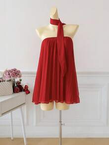 Elamini Solid Color Pleated Bandeau A-Line Mini Dress - Red - View 3