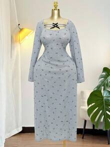 Modelyn Plus Size Long Sleeve Bow Print Casual Summer Dress - Grey - View 8