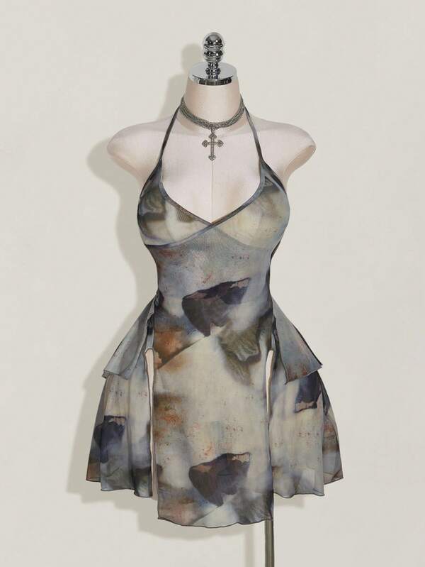 SHEIN ICON Vestido mini asimétrico con cuello de halter y cordón, de malla con estampado floral transparente, vestido sexy de fiesta Y2K para mujer de talla grande