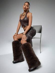 SHUZIA Women Fashion Furry Wadge Heel Winter Warm Comfortable Knee-High Boots For Christmas - Chocolate Brown - View 1