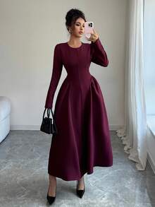 Elenzga Đầm Maxi Tay Dài Cổ Vuông Dáng Chữ A, Cổ Tròn, Phong Cách Pháp Lãng Mạn, Dễ Thương, Thời Trang Công Sở, Dạo Phố, Tiệc Trà Chiều, Lễ Tạ Ơn, Trở Lại Trường, Có Nơ Thắt Eo, Tay Phồng, Phù Hợp Cho Mùa Xuân, Mùa Thu, Mùa Đông - Màu Tím - Xem 5