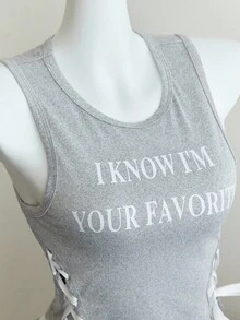 Elamini Women's Slogan Graphic Lace-Up Side Crop Tank Top I KNOW I'M YOUR FAVORITE Graphic Tees Women Tops - Light Grey - View 6