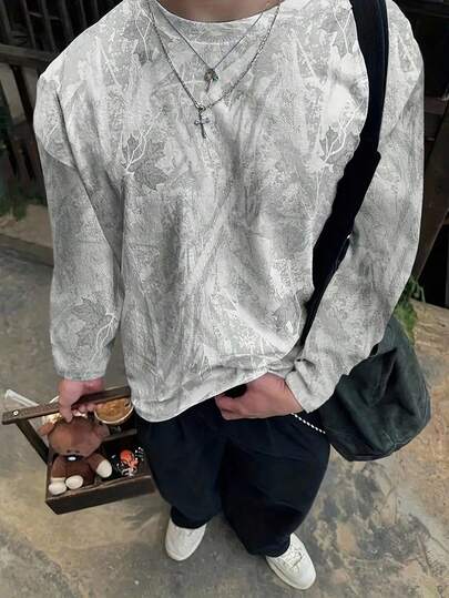 Manfinity Dauomo Męska minimalistyczna koszulka z nadrukiem i długim rękawem, z okrągłym dekoltem, na jesień