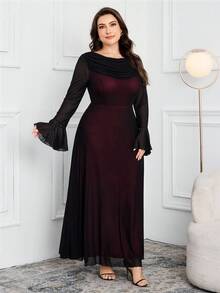 Modelyn 大码女式撞色垂坠领口网眼拼接喇叭袖优雅连衣裙 - 黑色 - 查看 5