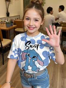 SHEIN T-shirt ample à manches courtes avec imprimé graphique, décontracté pour les préadolescentes, adapté pour l'été - Multicolore - Voir 1