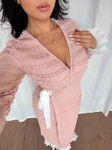 Chiquease French Palace Style Lace Crochet Dress,Pink And White,Autumn,Elegant,Wedding Ninang,V-Neck Tie Waist Slim Fit Long Party Wedding Guest Dresses Women - Dusty Pink - View 5