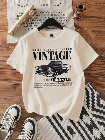 Attitoon 女式休闲复古汽车图案圆领宽松短袖 T 恤，棉混纺，夏季