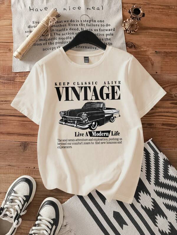 Attitoon 女式休闲复古汽车图案圆领宽松短袖 T 恤，棉混纺，夏季