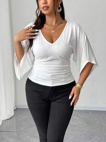 Elenzga Plus Size Women Waist Cinched Casual French Style Versatile T-Shirt - White - View 7