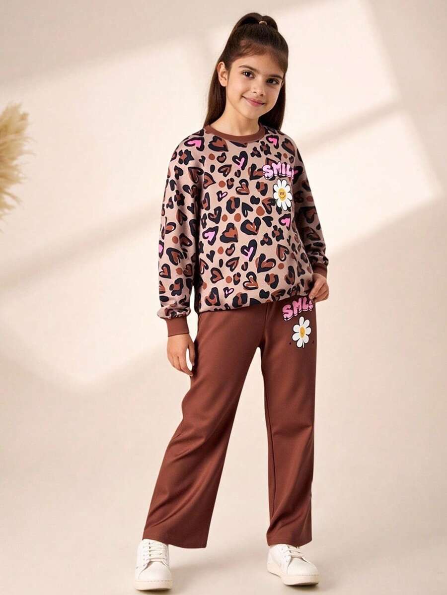 SHEIN Bộ quần áo nỉ cổ tròn thoải mái, tối giản, rộng rãi cho bé gái tuổi mới lớn - Màu Khaki - Xem 1