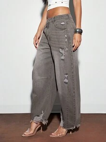 Denimoi Solid Color Distressed Frayed Edge Pocket Casual Fashion Jeans - Rust Brown - View 3